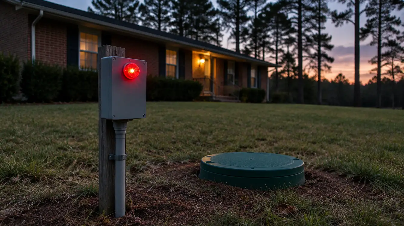 A septic high-water alarm box glowing red on a post beside a brick house at dusk, a green riser lid in the lawn