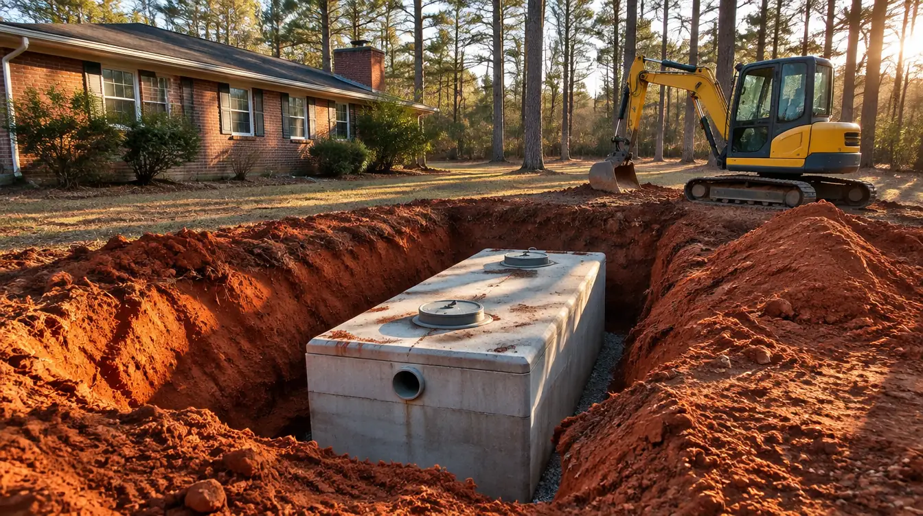 A new concrete septic tank in a red clay trench behind a brick ranch house, a yellow excavator at the edge