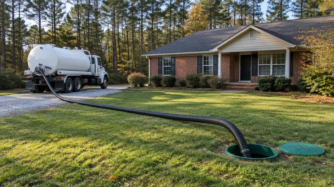 A pump truck hose running across a lawn to an open septic riser at a brick ranch house