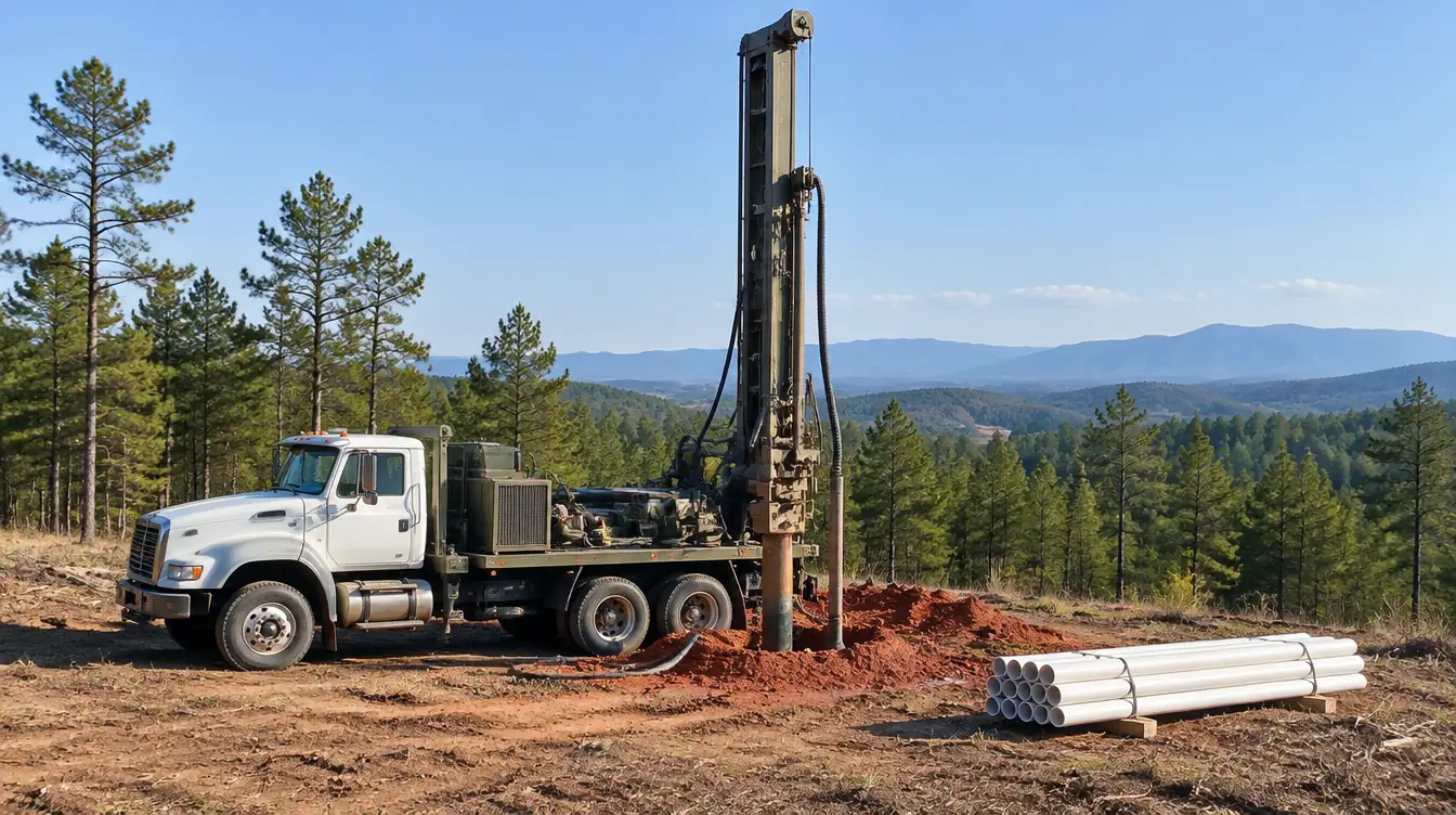 A well drilling rig on a cleared lot with pines and the Blue Ridge foothills behind