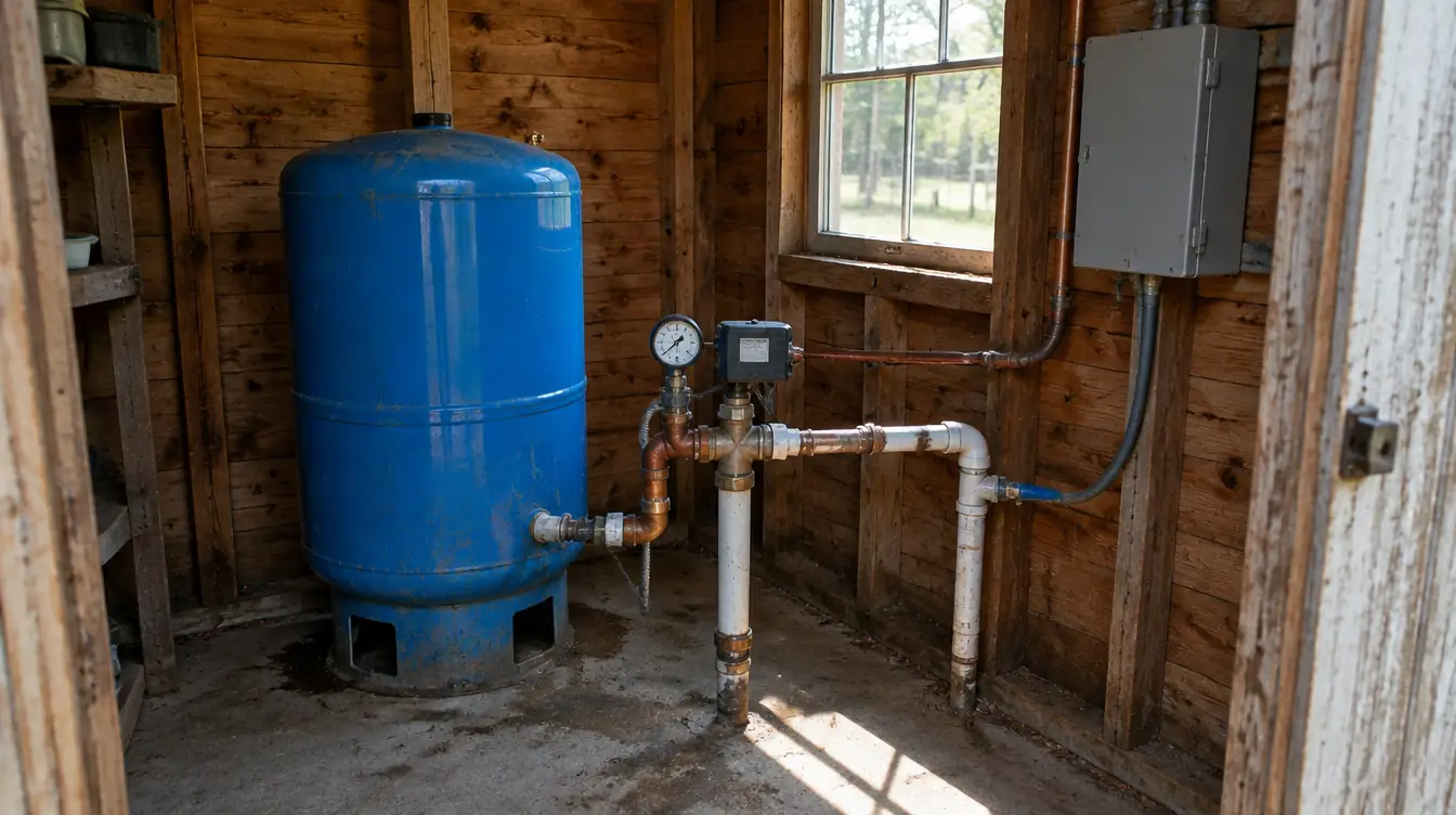 A blue well pressure tank with a pressure gauge and switch inside a small wooden well house